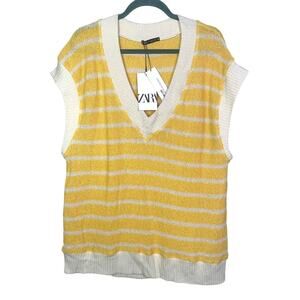 Zara Yellow V-Neck Striped Oversized Knitted Tank Vest, Size L